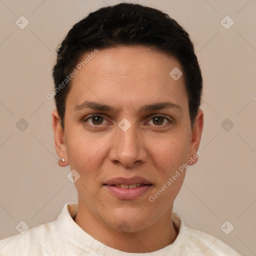 Joyful white young-adult female with short  brown hair and brown eyes