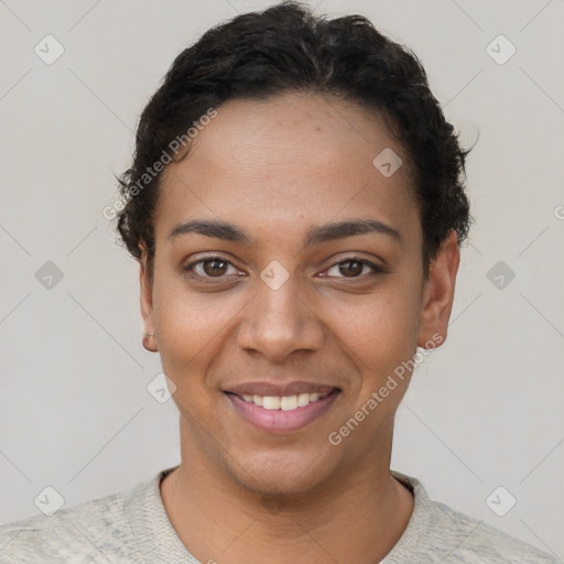 Joyful latino young-adult female with short  black hair and brown eyes