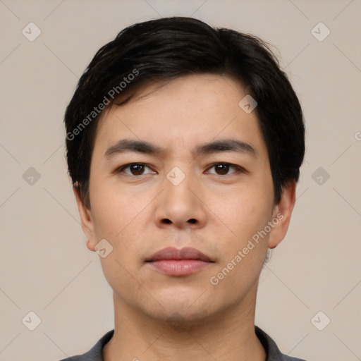 Neutral asian young-adult male with short  black hair and brown eyes