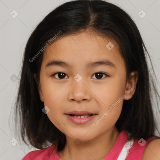 Joyful white child female with medium  brown hair and brown eyes