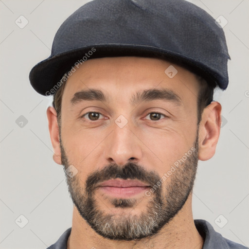 Joyful white young-adult male with short  black hair and brown eyes