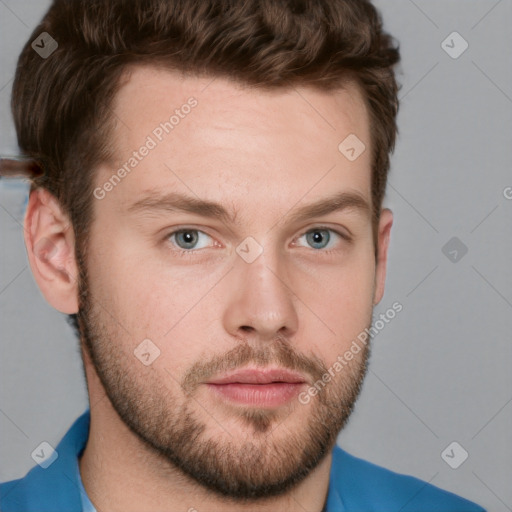 Neutral white young-adult male with short  brown hair and grey eyes