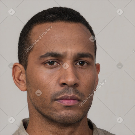 Neutral latino young-adult male with short  brown hair and brown eyes
