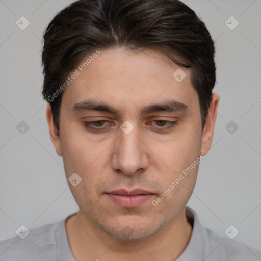 Neutral white young-adult male with short  brown hair and brown eyes