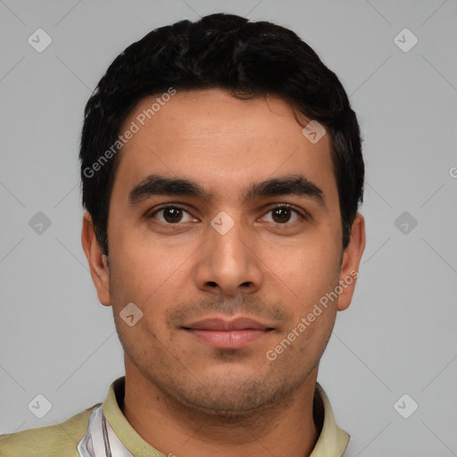 Neutral latino young-adult male with short  black hair and brown eyes