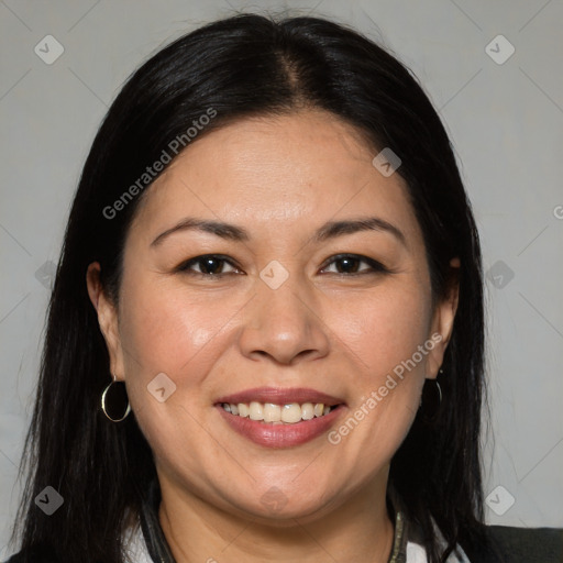 Joyful white adult female with medium  brown hair and brown eyes