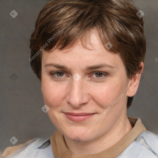 Joyful white adult female with medium  brown hair and grey eyes