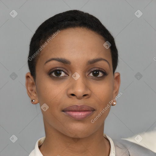 Joyful black young-adult female with short  brown hair and brown eyes