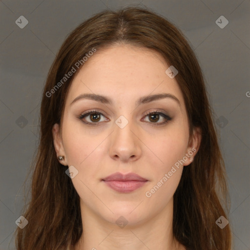Neutral white young-adult female with long  brown hair and brown eyes