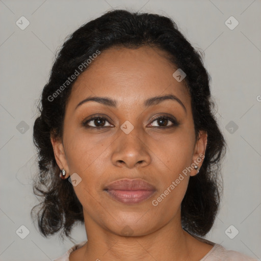 Joyful black young-adult female with medium  brown hair and brown eyes