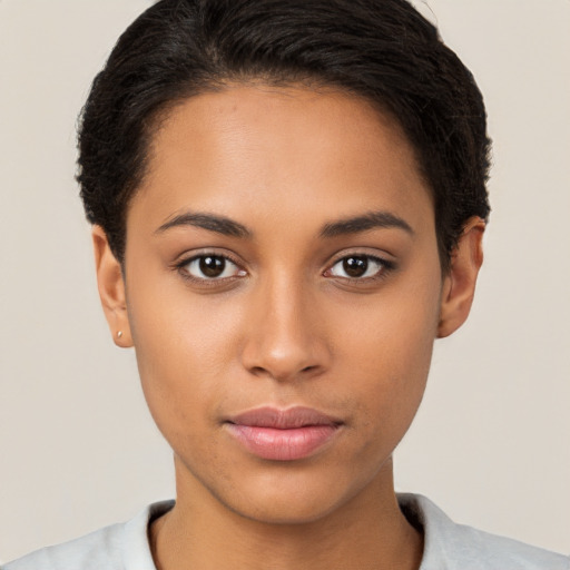 Neutral latino young-adult female with short  black hair and brown eyes