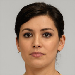 Neutral asian young-adult female with short  brown hair and brown eyes