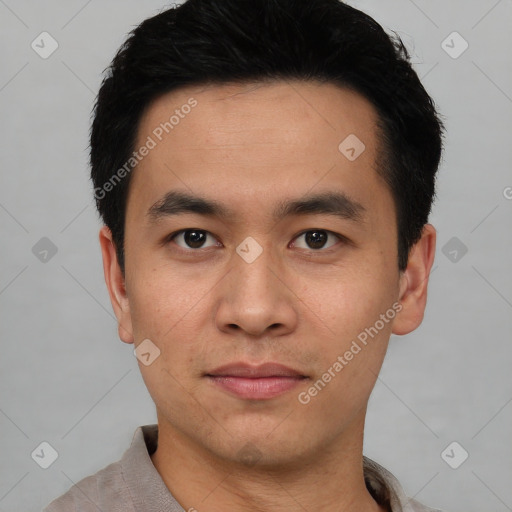 Neutral asian young-adult male with short  black hair and brown eyes