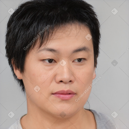 Neutral asian young-adult male with short  brown hair and brown eyes