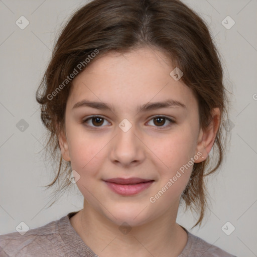 Joyful white child female with medium  brown hair and brown eyes