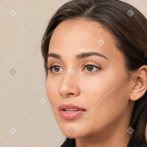 Neutral white young-adult female with medium  brown hair and brown eyes