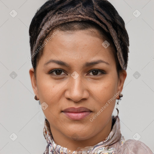 Joyful latino young-adult female with short  brown hair and brown eyes