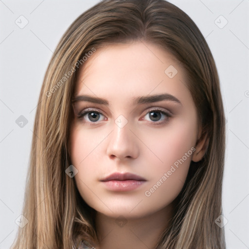 Neutral white young-adult female with long  brown hair and brown eyes