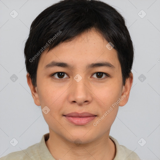 Joyful asian young-adult female with short  brown hair and brown eyes