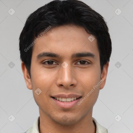 Joyful asian young-adult male with short  black hair and brown eyes