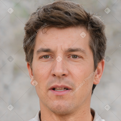 Neutral white adult male with short  brown hair and brown eyes