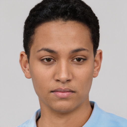 Neutral white young-adult female with short  brown hair and brown eyes