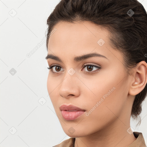 Neutral white young-adult female with medium  brown hair and brown eyes