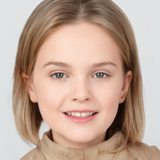 Joyful white child female with medium  brown hair and brown eyes