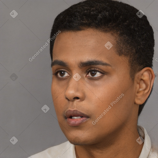 Neutral black young-adult male with short  black hair and brown eyes