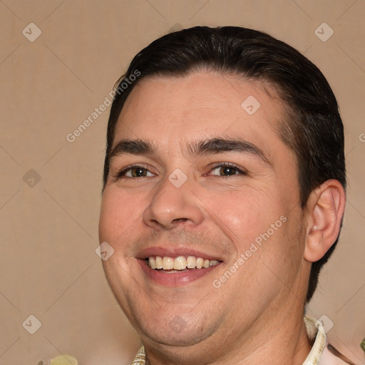 Joyful white young-adult male with short  brown hair and brown eyes