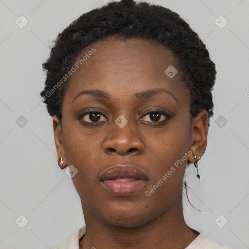 Neutral black young-adult female with short  brown hair and brown eyes