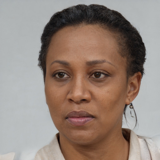 Neutral black adult female with short  brown hair and brown eyes