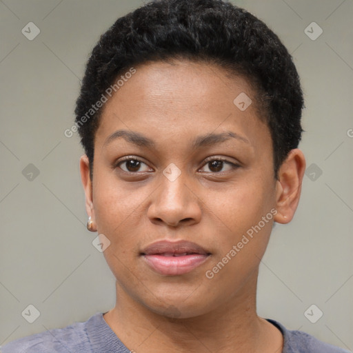 Joyful black young-adult female with short  brown hair and brown eyes