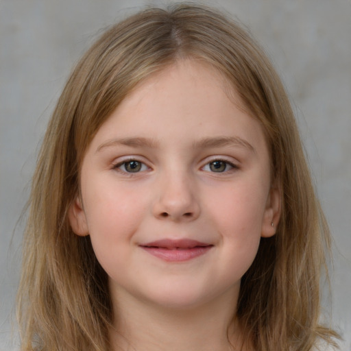 Joyful white child female with medium  brown hair and grey eyes