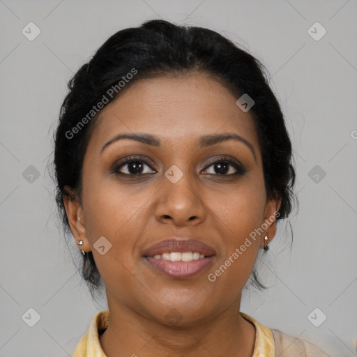 Joyful black young-adult female with medium  brown hair and brown eyes