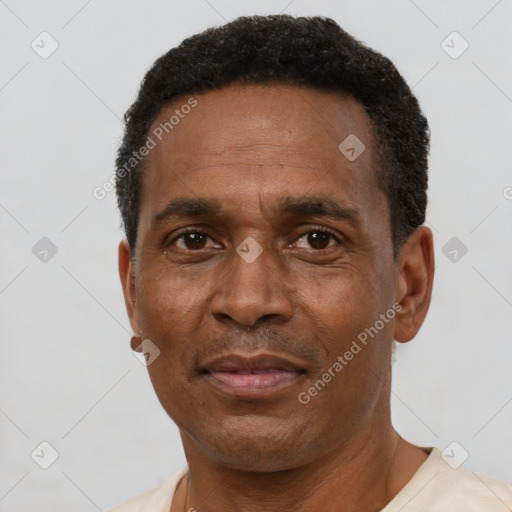 Neutral black adult male with short  black hair and brown eyes
