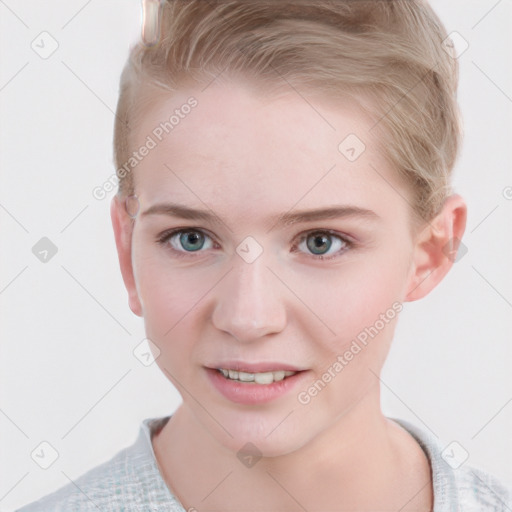 Joyful white young-adult female with short  brown hair and blue eyes