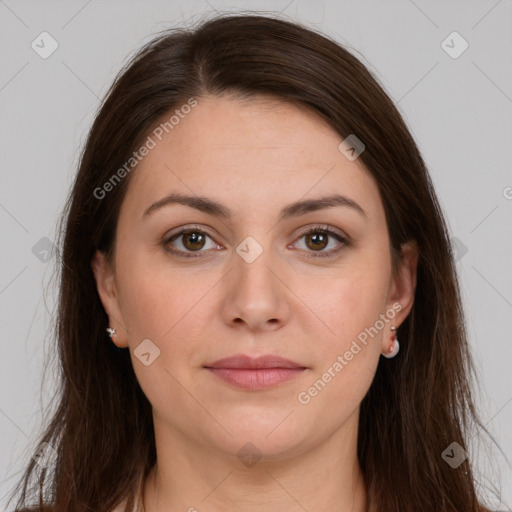 Neutral white young-adult female with long  brown hair and brown eyes