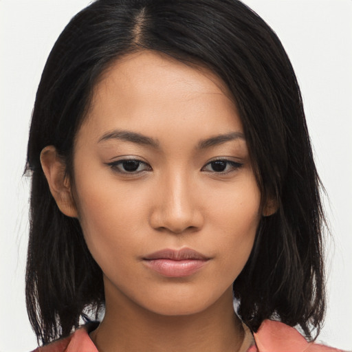 Neutral asian young-adult female with long  black hair and brown eyes