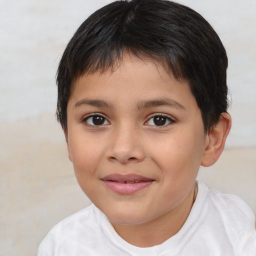 Joyful white child female with short  brown hair and brown eyes