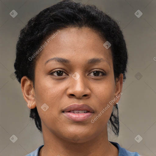 Joyful black young-adult female with short  brown hair and brown eyes