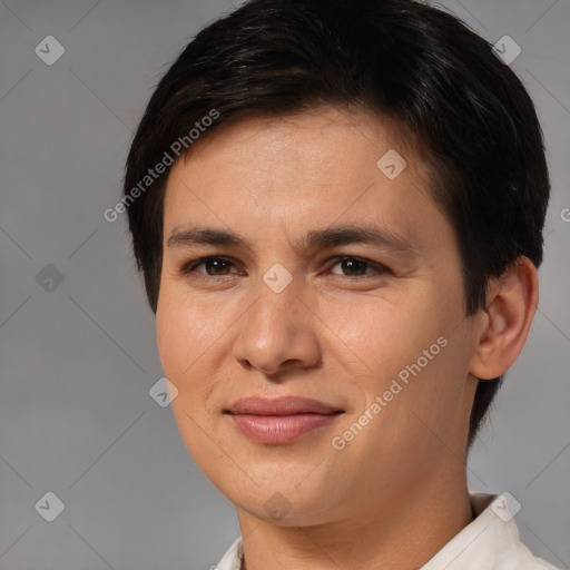 Joyful white young-adult female with short  brown hair and brown eyes