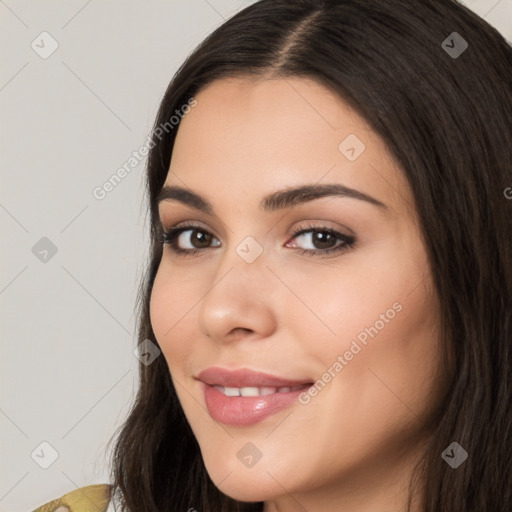 Joyful white young-adult female with long  brown hair and brown eyes