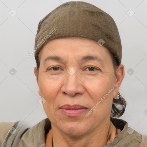 Joyful white adult female with short  brown hair and brown eyes