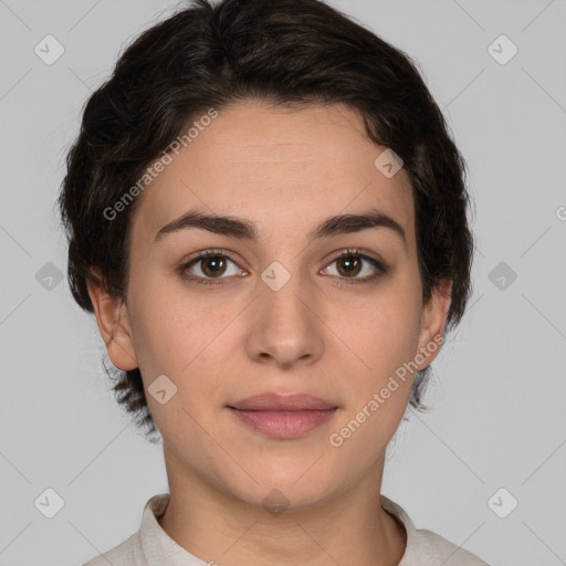 Neutral white young-adult female with short  brown hair and brown eyes