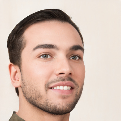 Neutral white young-adult male with short  brown hair and brown eyes