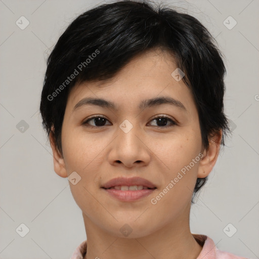 Joyful asian young-adult female with medium  black hair and brown eyes