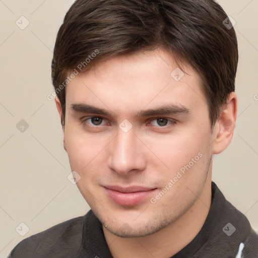 Neutral white young-adult male with short  brown hair and brown eyes