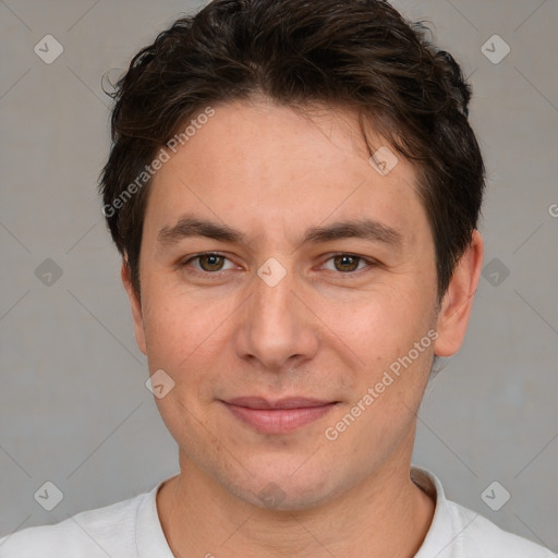 Joyful white young-adult male with short  brown hair and brown eyes