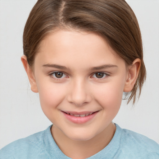 Joyful white child female with medium  brown hair and brown eyes